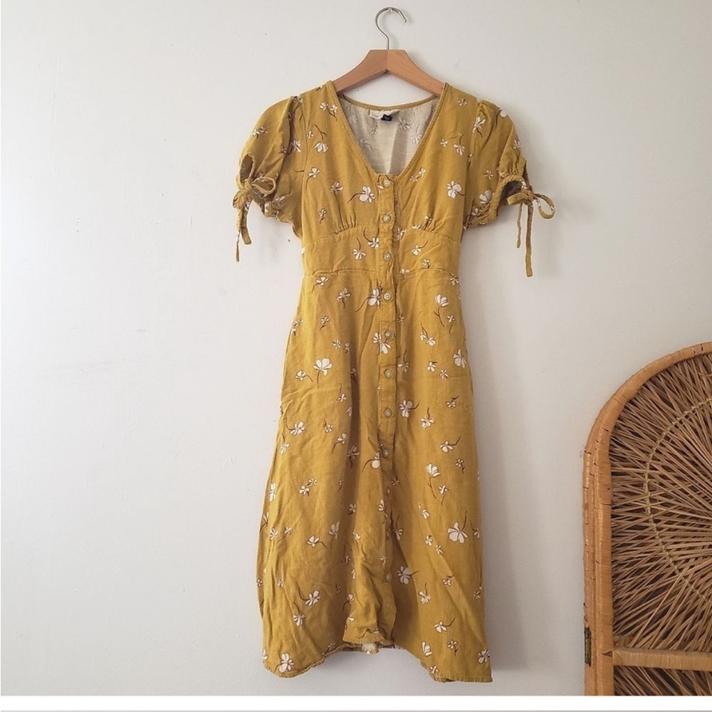 Universal Thread Yellow Floral Linen Blend Dirndle Style Dress M